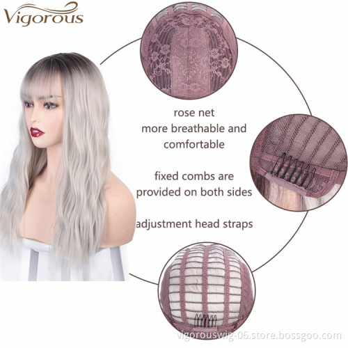 Vigorous Long Wavy Wig With Flat Bangs 100% Heat Resistant Synthetic Sliver Gray Wig Natural Looking Machine Made Wigs For Women